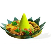 Foto nasi tumpeng khas Karanganyar yang lezat, disajikan dengan lauk pauk lengkap dan garnish tradisional, siap untuk dinikmati dalam acara spesial.